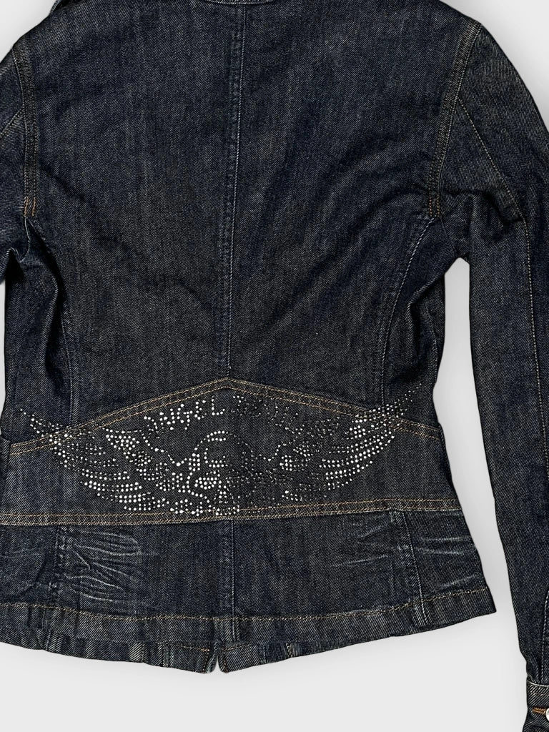 detail view, Jeans Jacket with Skull Rhinestones, vintage Y2K second hand piece, image 4