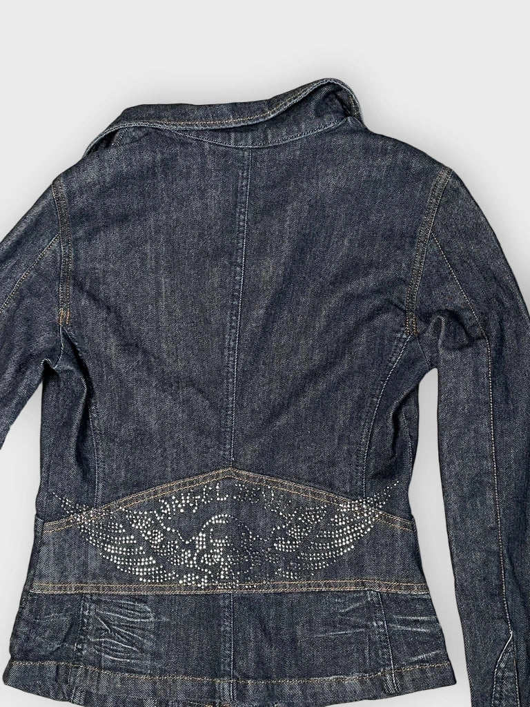 detail view, Jeans Jacket with Skull Rhinestones, vintage Y2K second hand piece