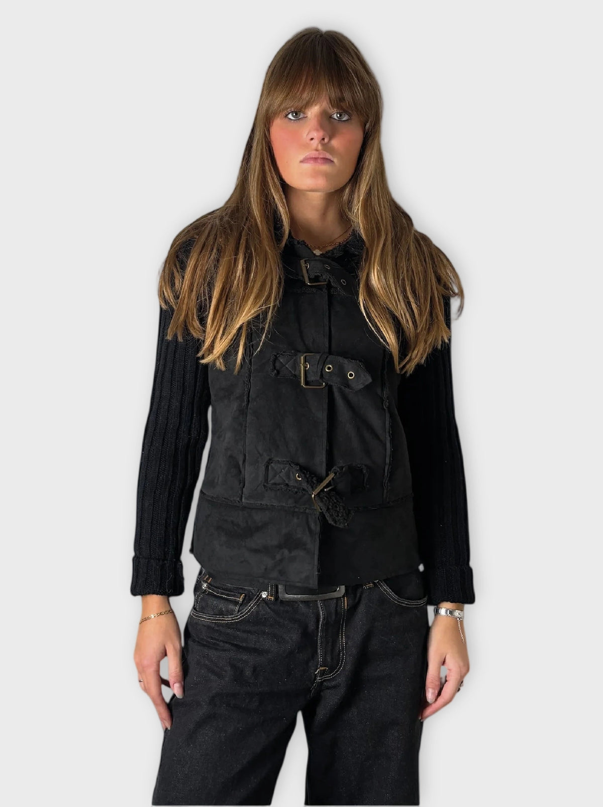 front view, Joyce Leslie Black Faux Fur Jacket, vintage Y2K second hand piece