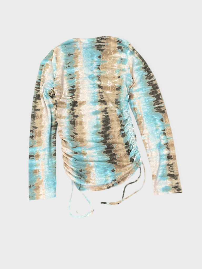back view, Karen Kane turquoise washed B-cut top, vintage Y2K second hand piece