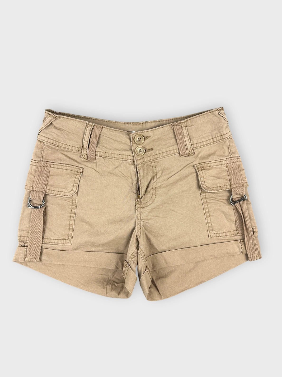 Khaki mini cargo shorts with side straps front view.