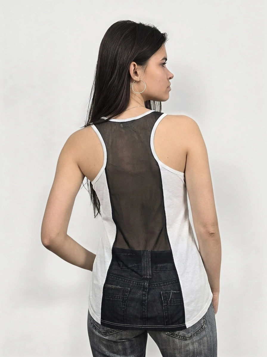 Back view of a white tank top featuring a mesh and denim panel.