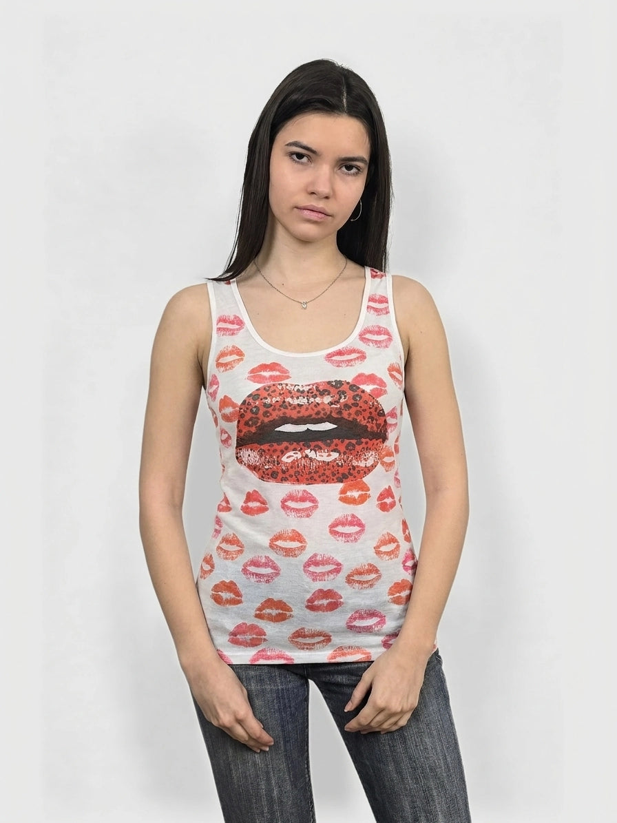 Front view of a white tank top with red lip print.