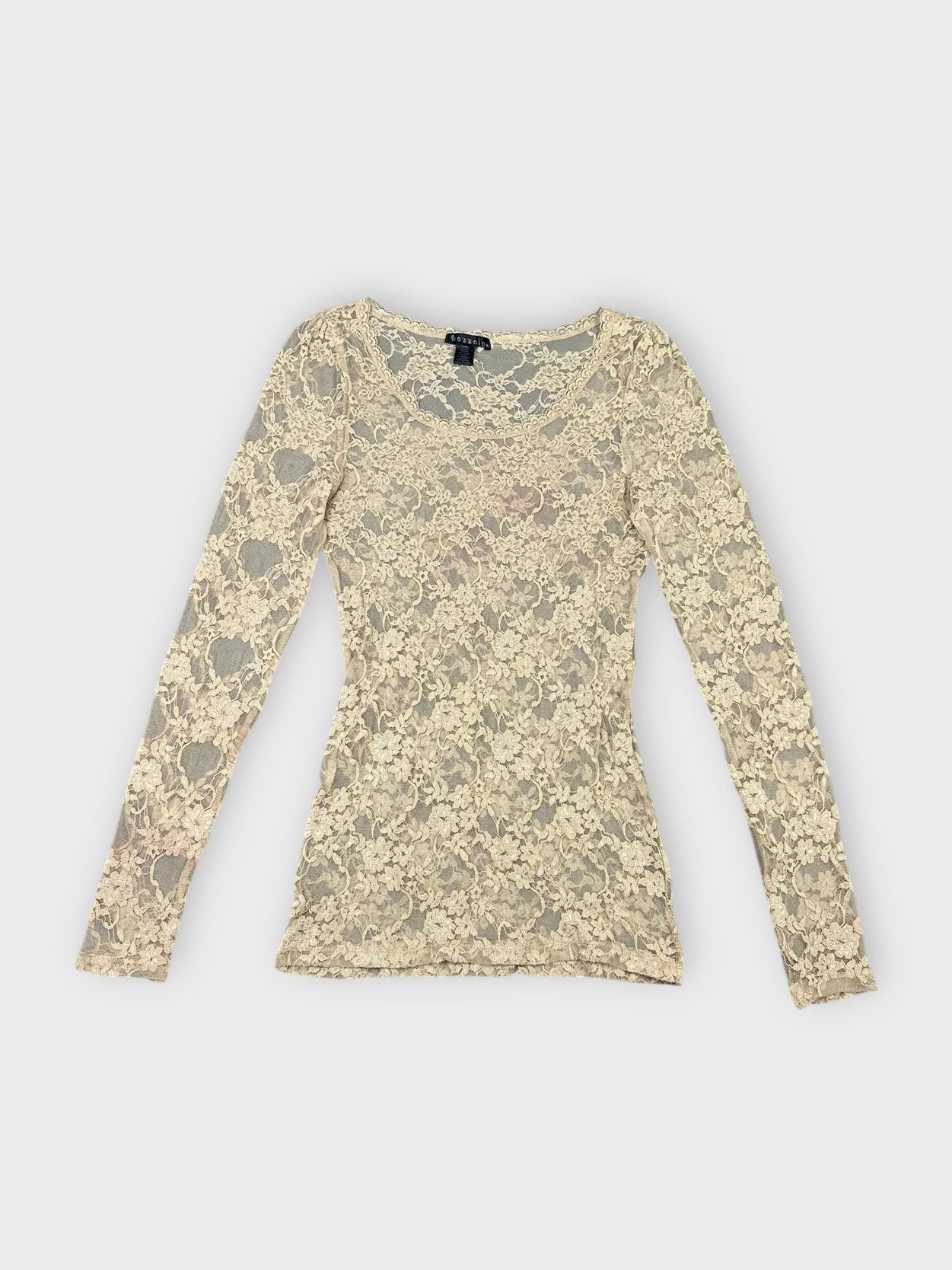 Beige lace long sleeve top with sheer detail front view