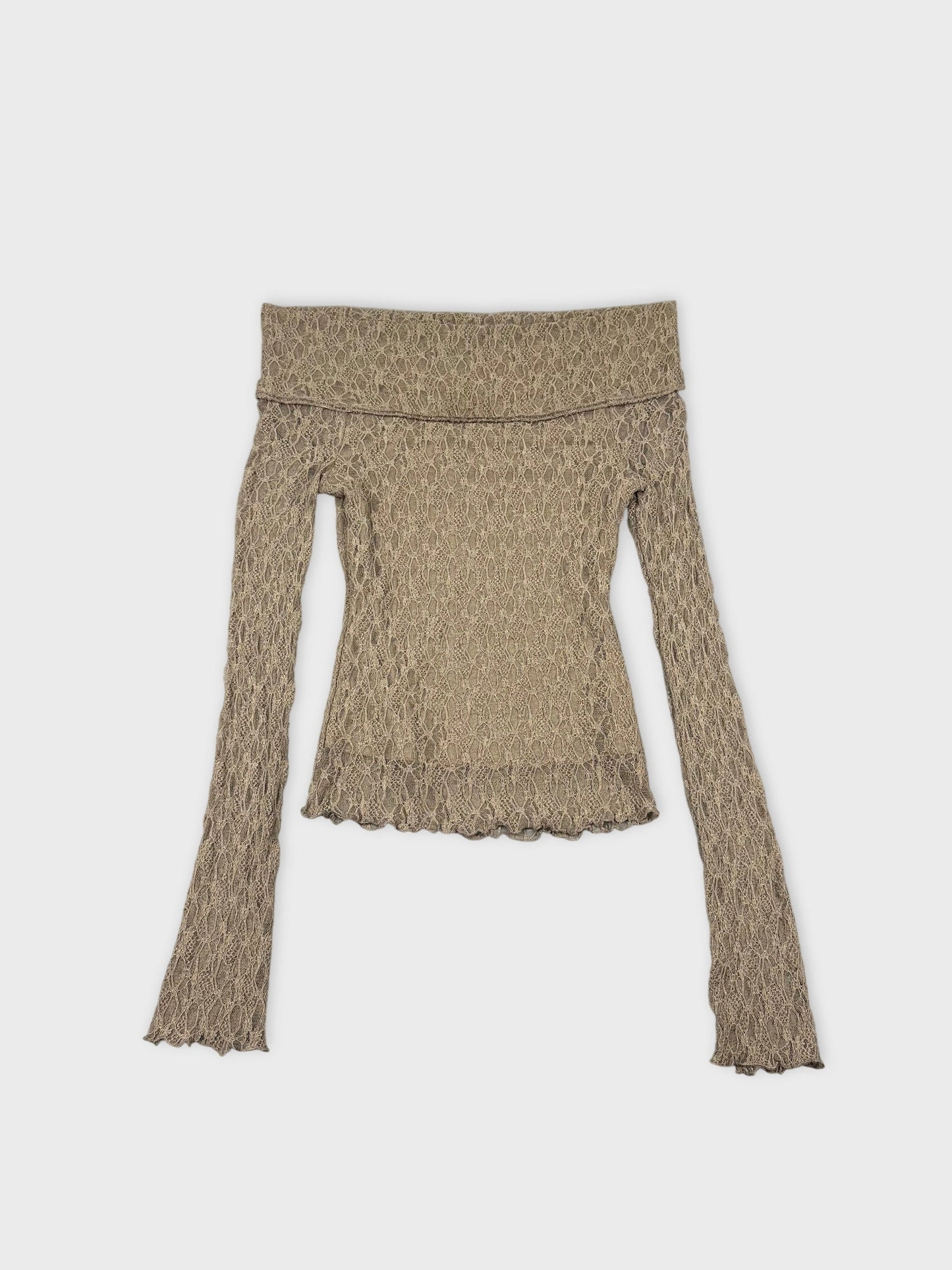 Lace long sleeve top in beige with scalloped trim front view