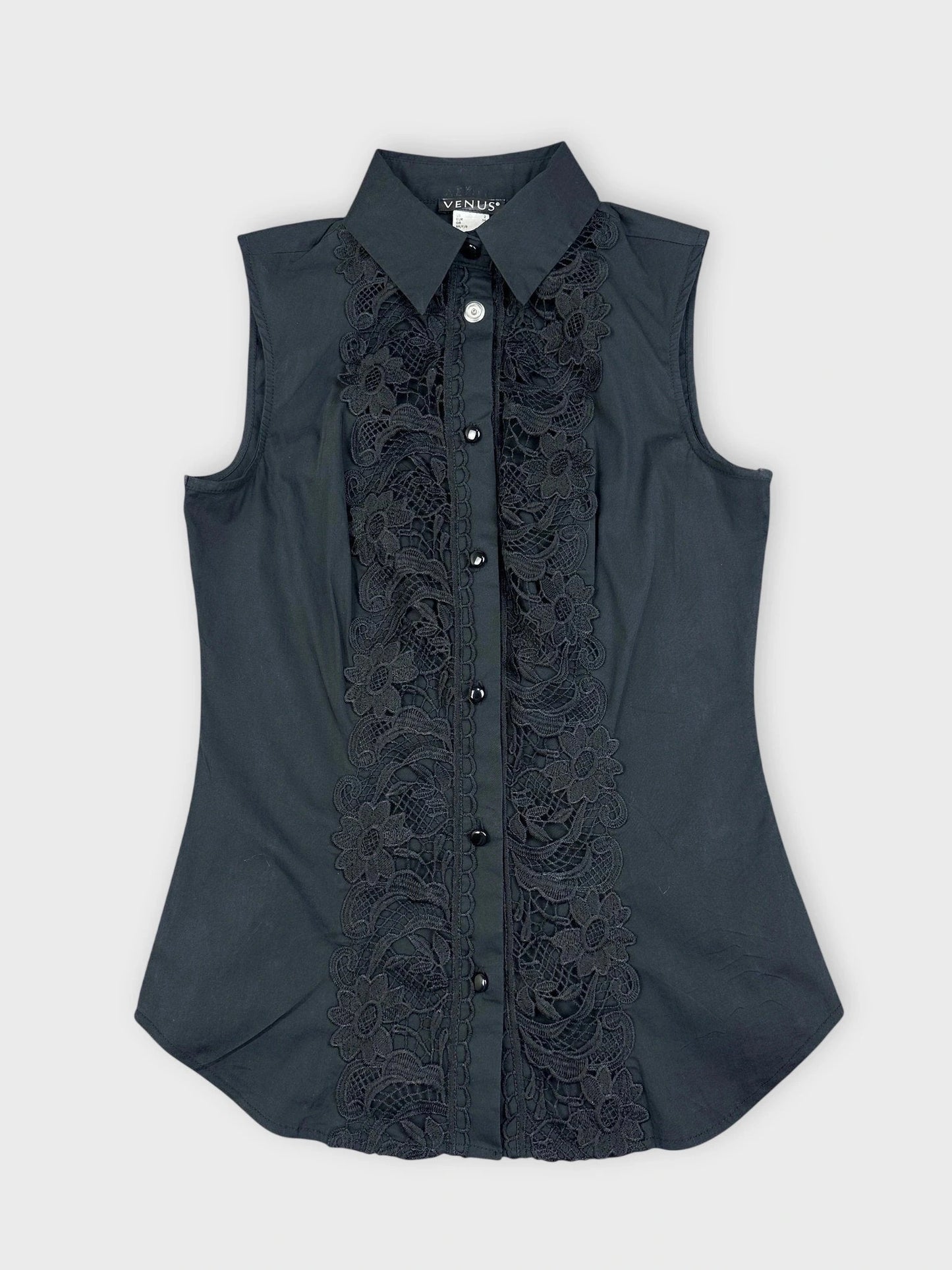 Black sleeveless blouse with lace detail front view