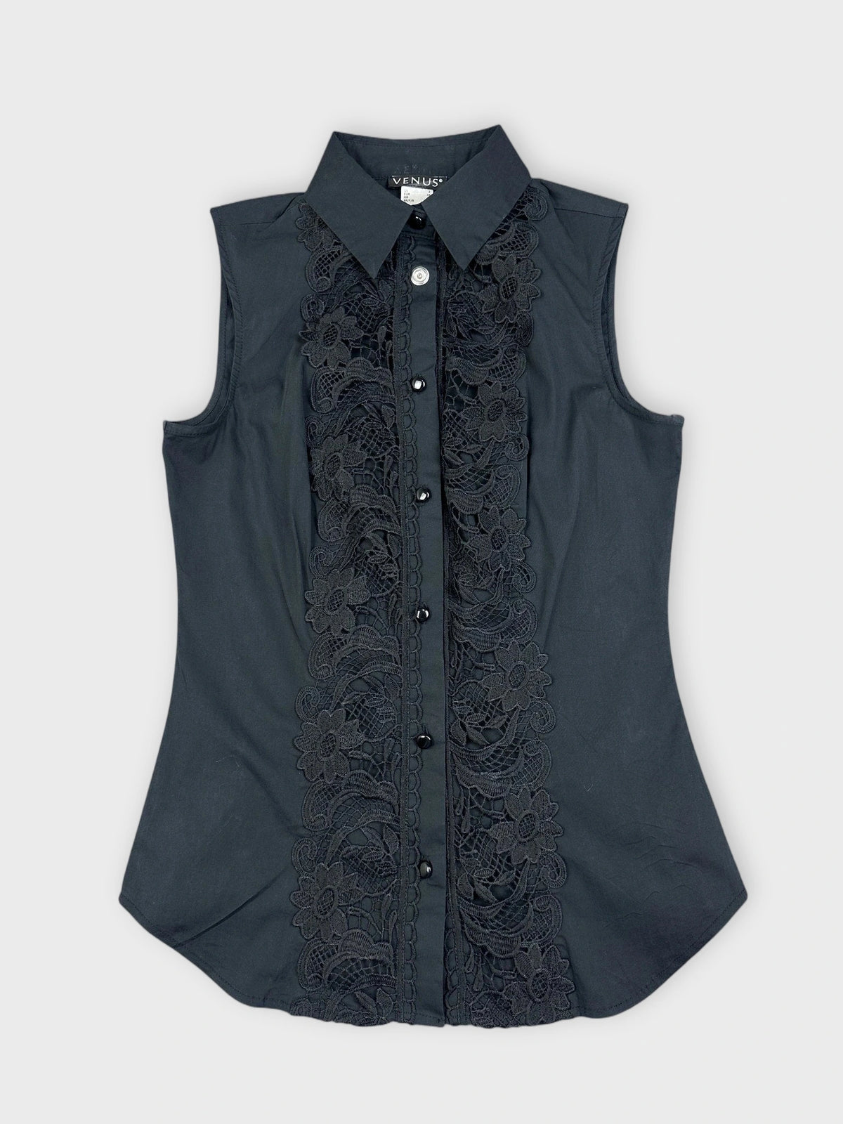 Chic Black Lace Blouse with Elegant Details (S)