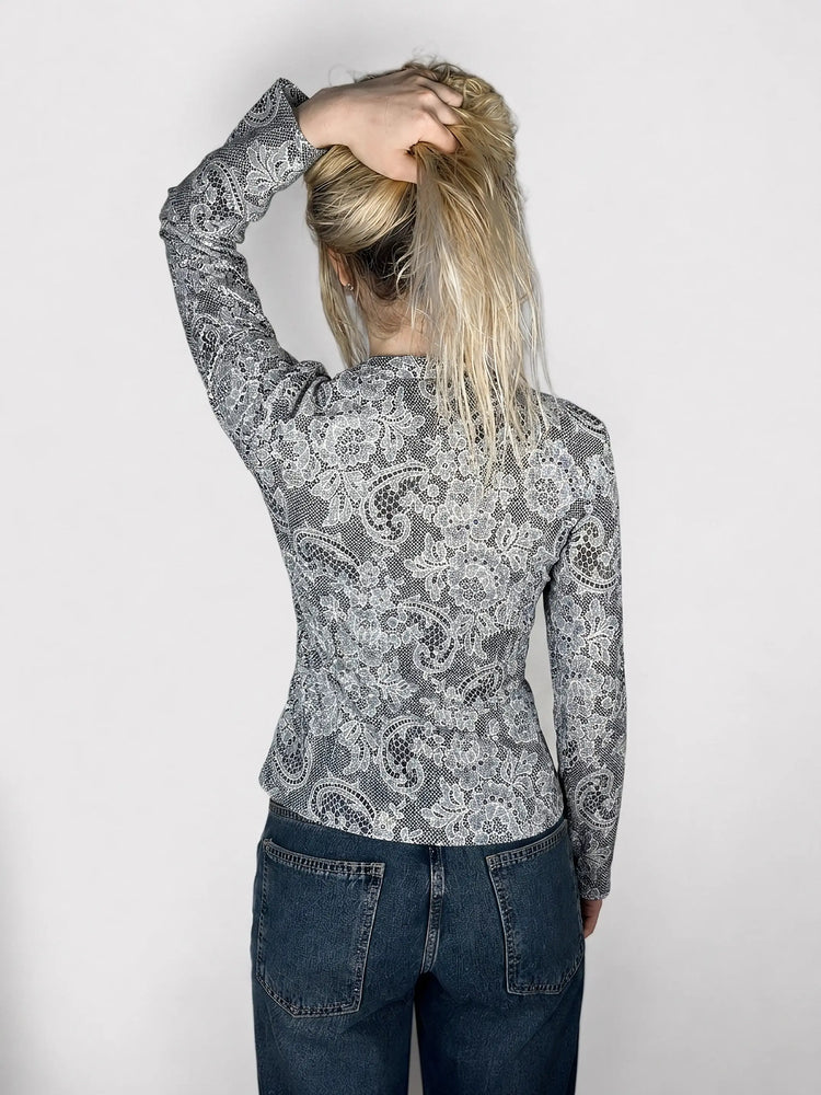Lace-Print Ruffled Button Up Blouse (M)