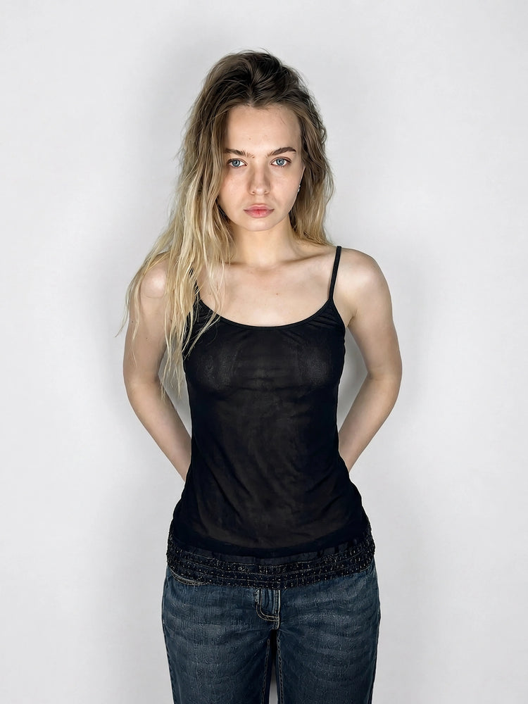 Lace-Trimmed Black Camisole Top (S)