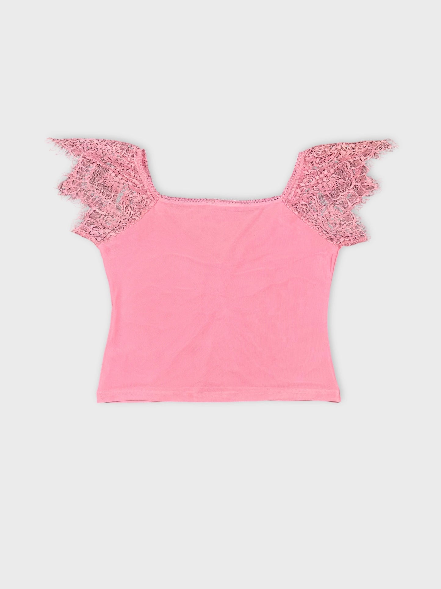 Back view of a pink crop top with lace-trimmed sleeves.