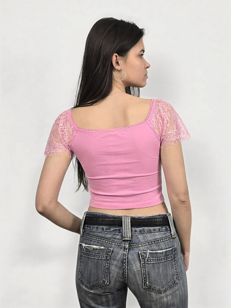 Pink Lace Crop Top with Tie Detail (L)