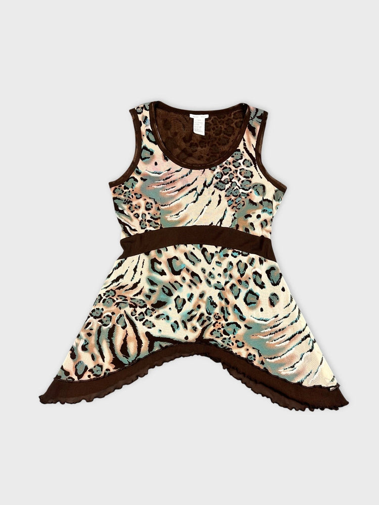 Leopard Print Flare Top with Sheer Detail (S)