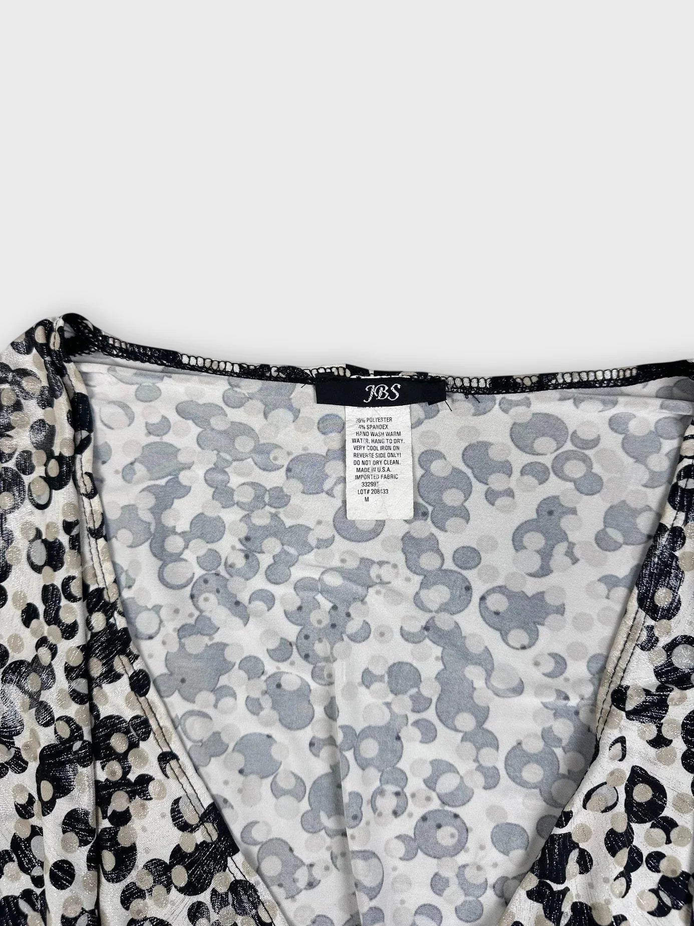 Leopard print long sleeve top detail view showing neckline and fabric pattern.