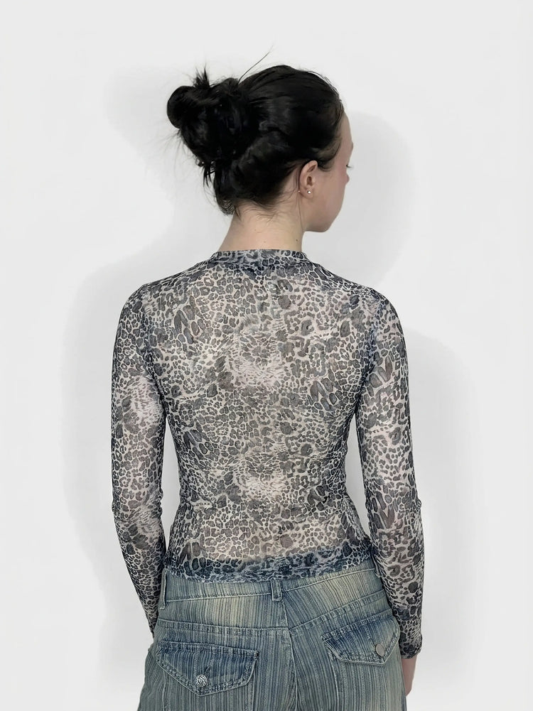 Leopard Print Mesh Top with Long Sleeves (XS)