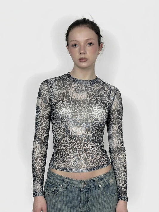 Front view of a leopard print mesh top with long sleeves.