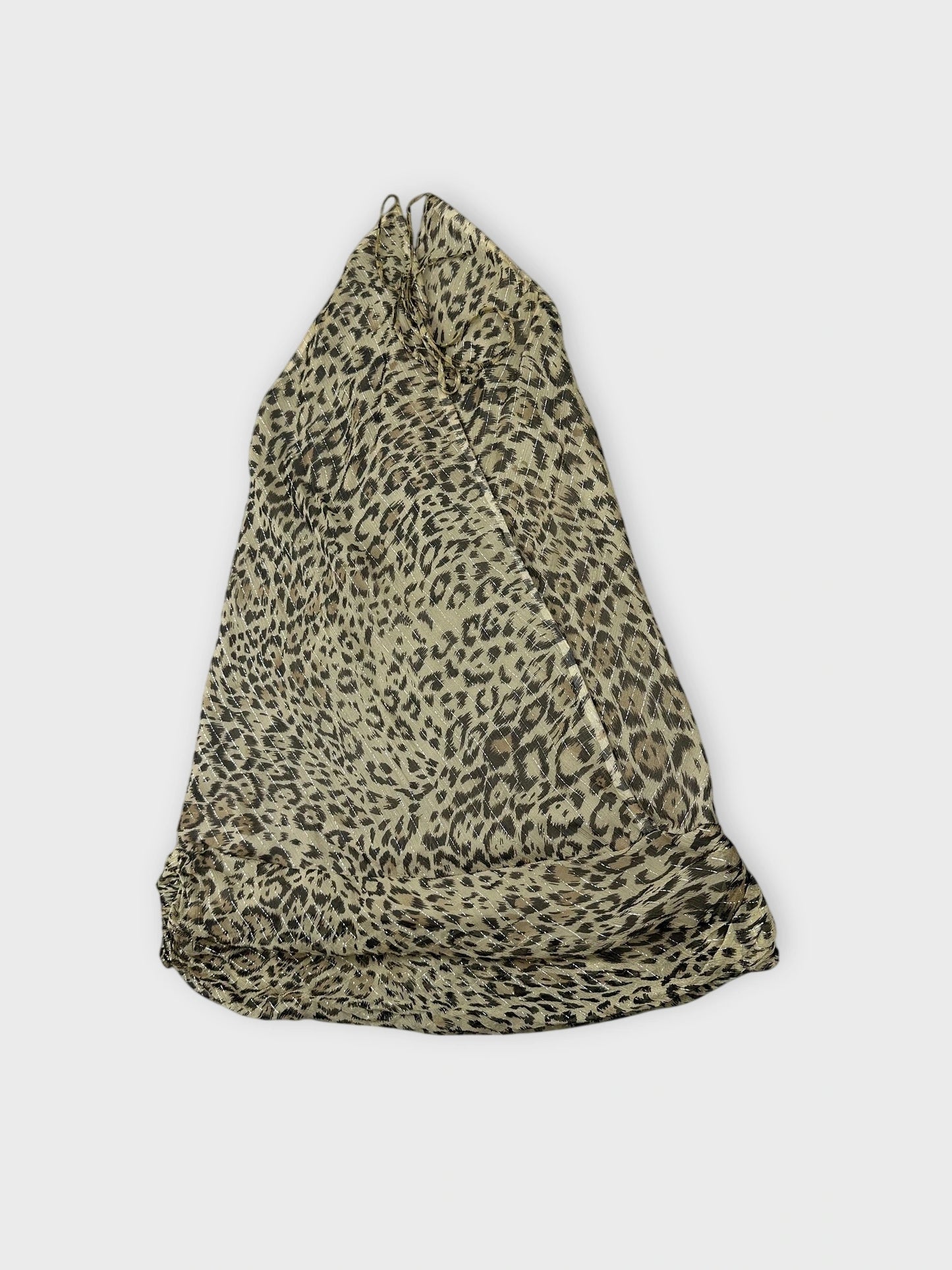 Leopard print silk halter top detail view with loose fit.
