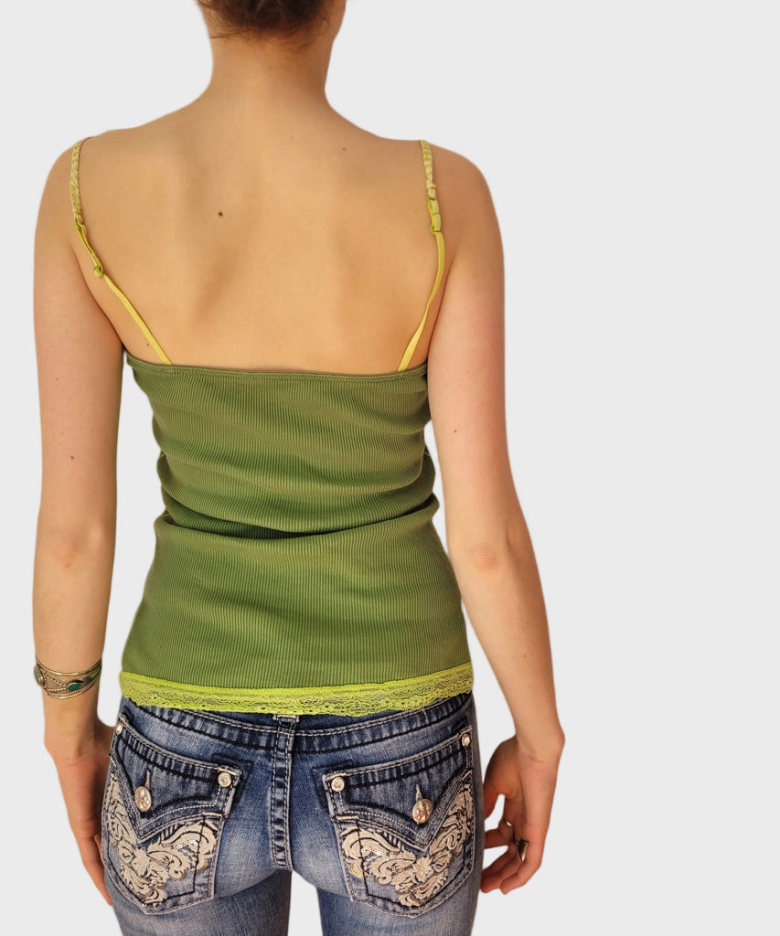 back view, Lime Green Ribbed Cami Top Scallop Lace Trim Retro Vibe, vintage Y2K second hand piece
