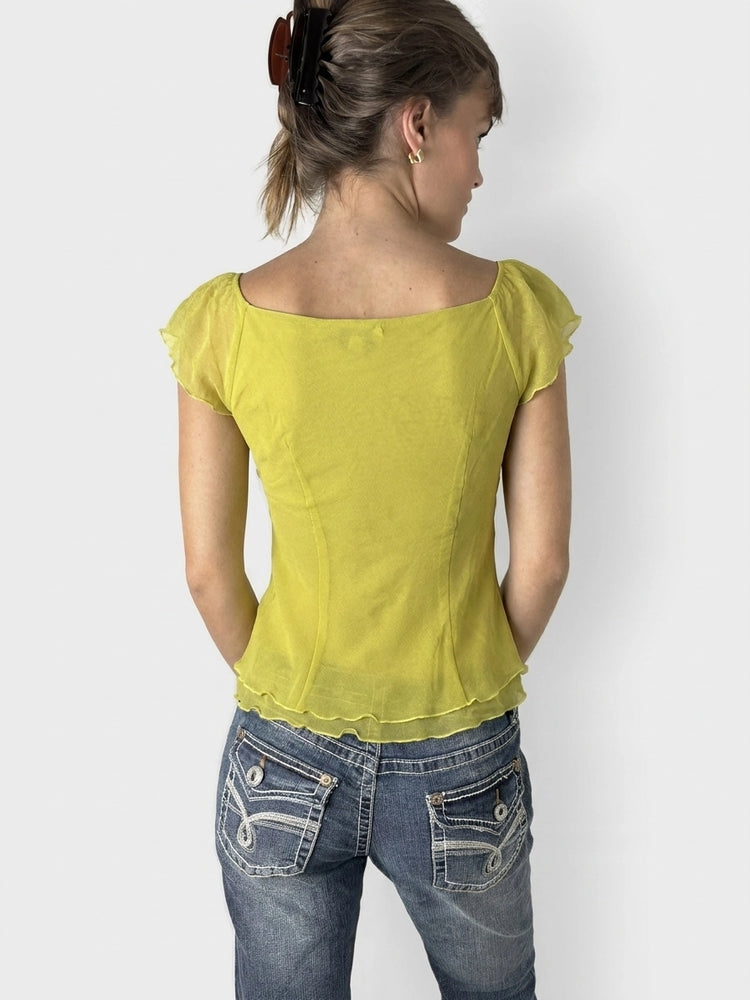 Lime Puff Sleeve Top with Scalloped Hem (S)
