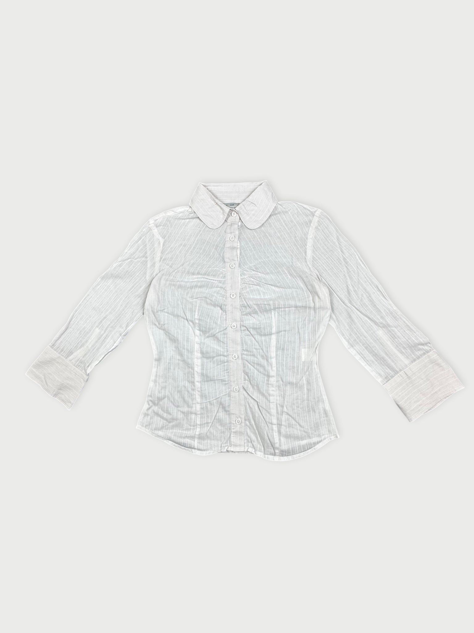 White shirt with a striped pattern front view showing button details and collar.