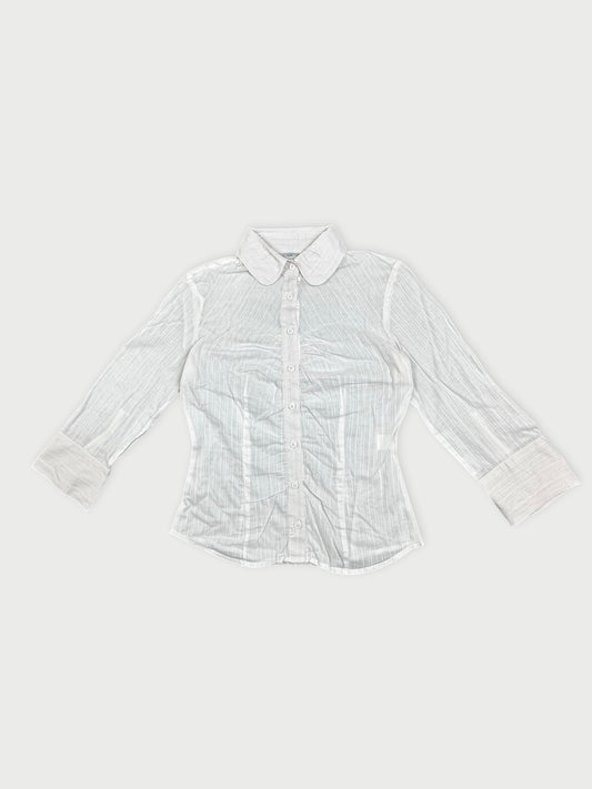 White shirt with a striped pattern front view showing button details and collar.