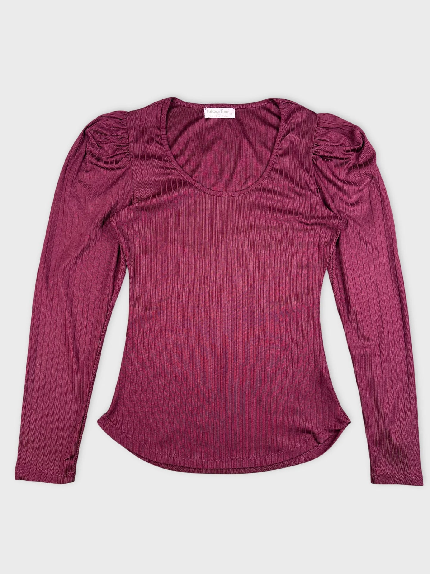 Maroon ribbed long sleeve top front view features gathered sleeve detail