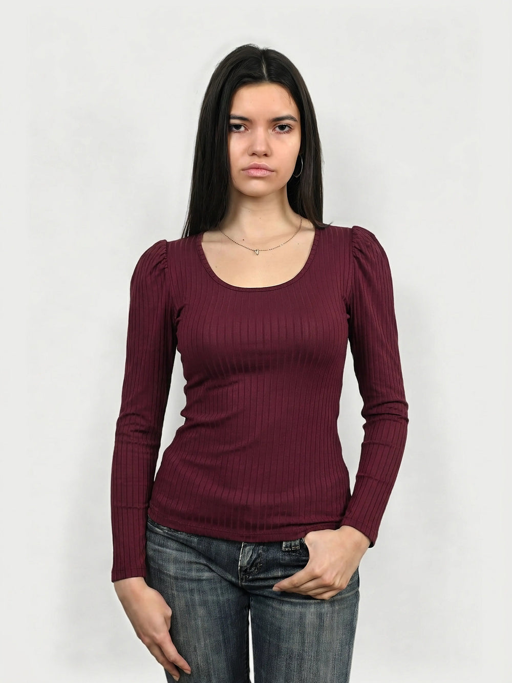 Maroon ribbed long sleeve top with gathered sleeves, front view.