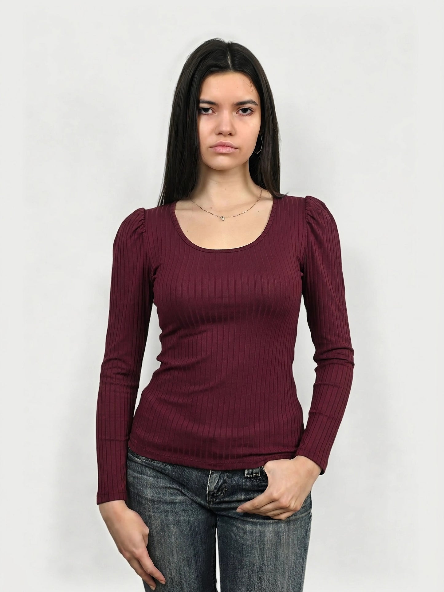 Maroon ribbed long sleeve top with gathered sleeves, front view.