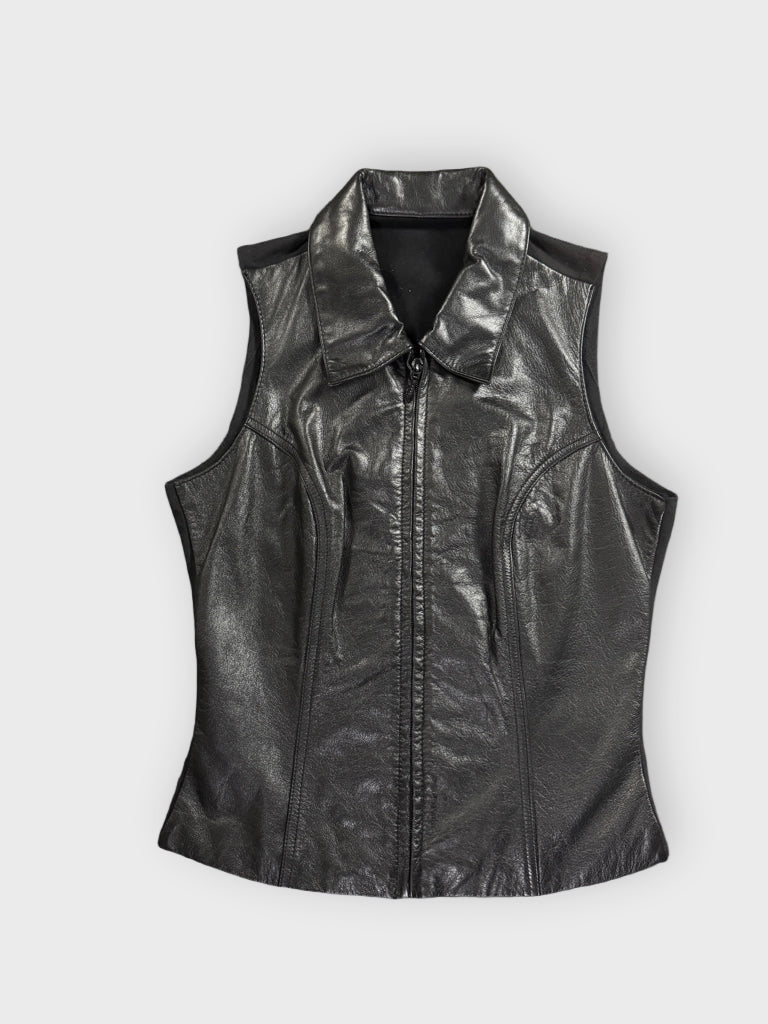 front view, Maximo Black Real Leather Vest Women, vintage Y2K second hand piece