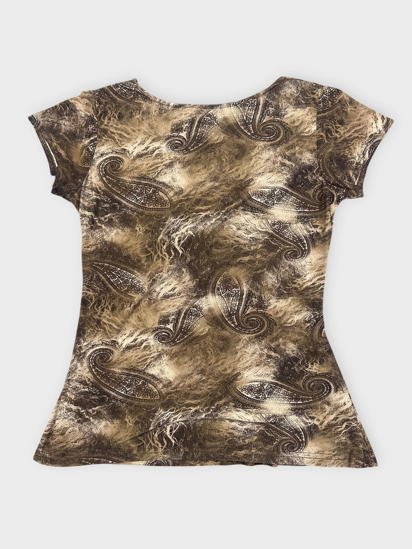 Back view of a mesh top in brown with a paisley print.