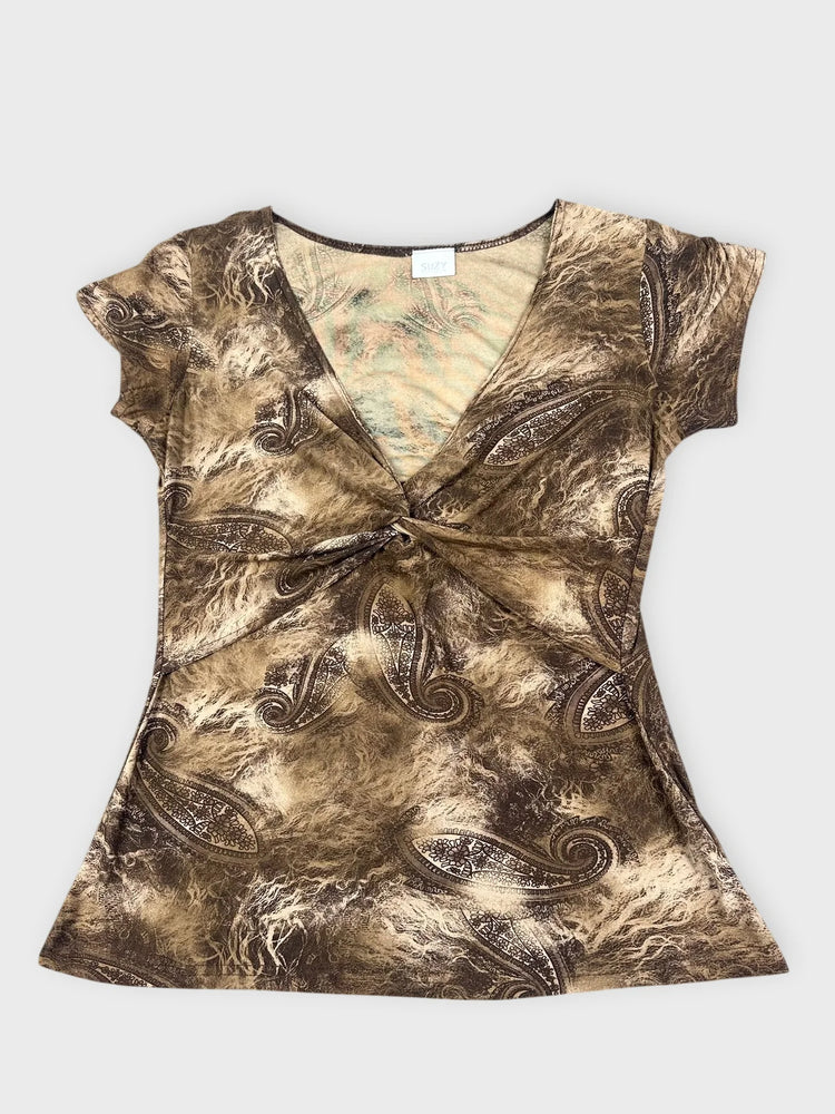 Bohemian Print Mesh Top with Twist Detail (S)