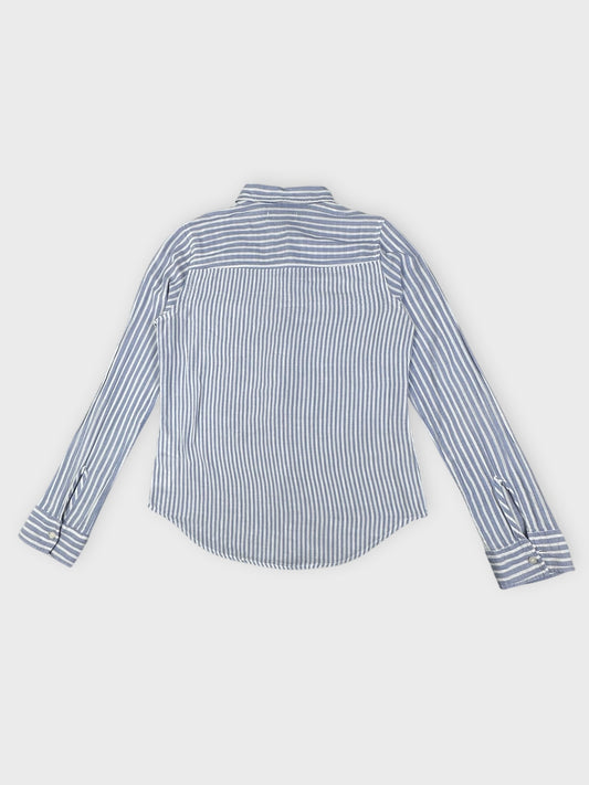 Back view of a blue and white striped button shirt with a classic collar.