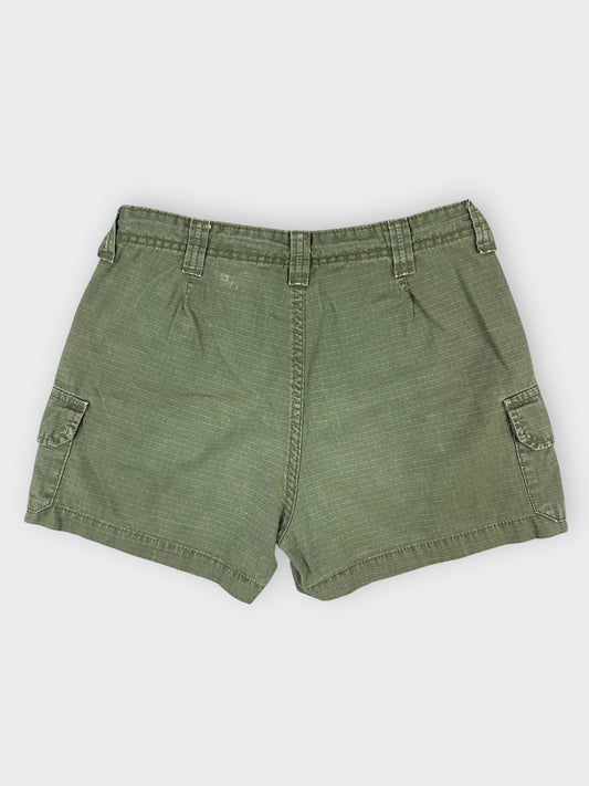 Back view of olive cargo mini shorts featuring side pockets and drawstring.