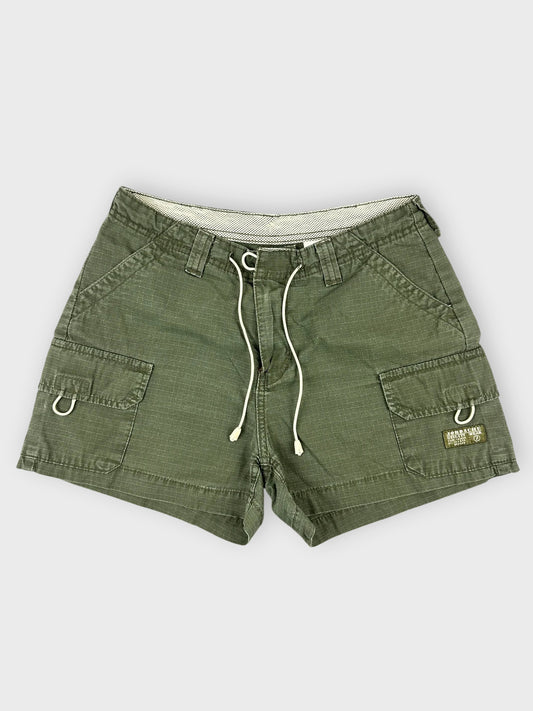 Front view of olive cargo mini shorts with drawstring and side pockets.