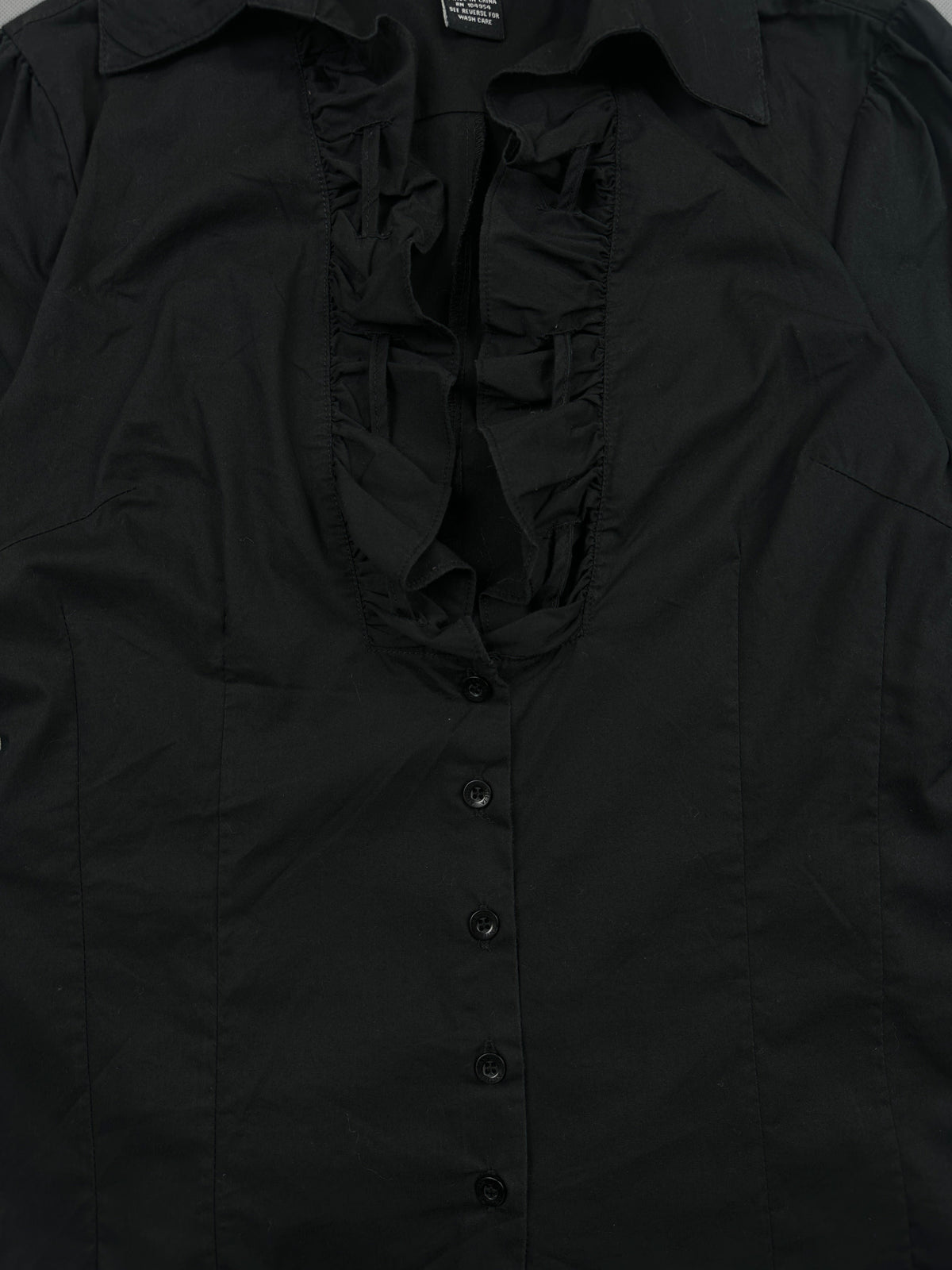 Elegant Black Ruffled Button-Up Shirt (S)