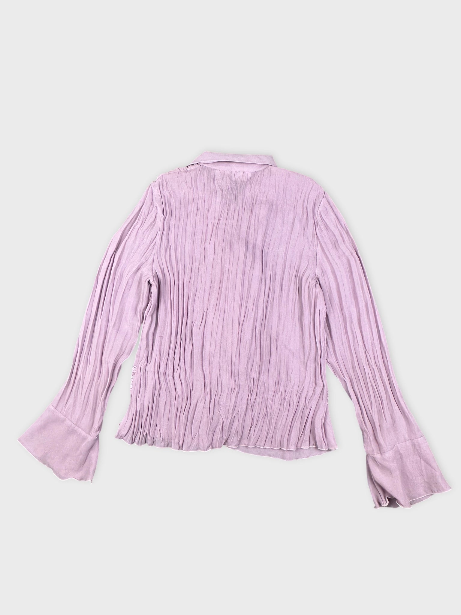 Back view of a pink button up shirt with pleated texture.