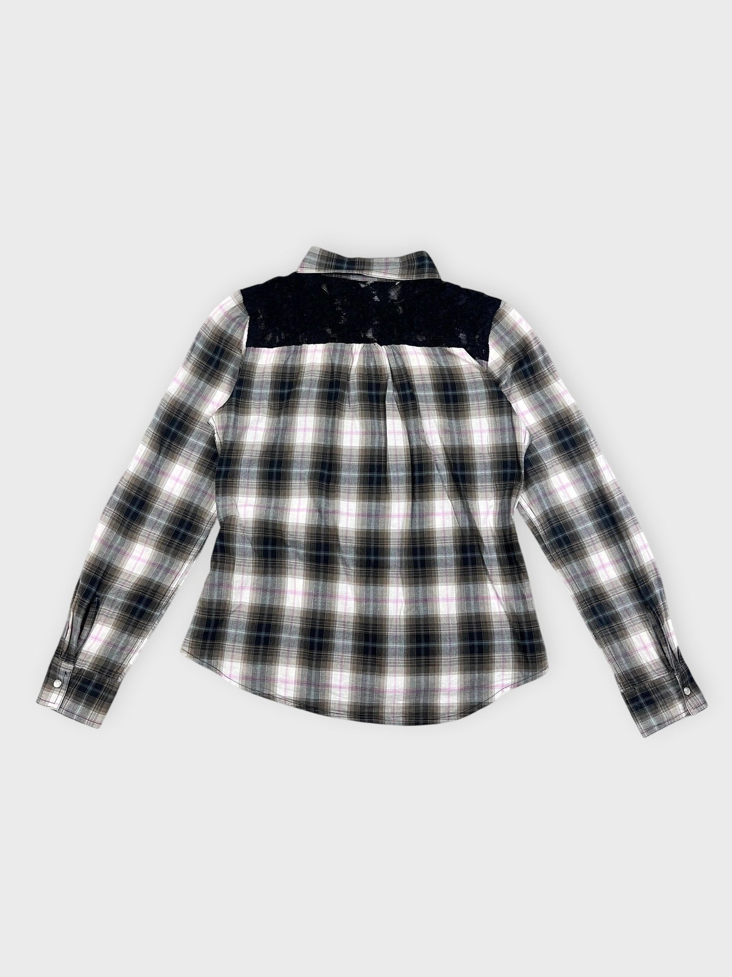 Back view of plaid button-up shirt with black lace panels.