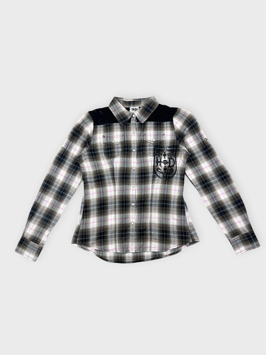 Plaid button-up shirt in black and white with a front view pocket detail.