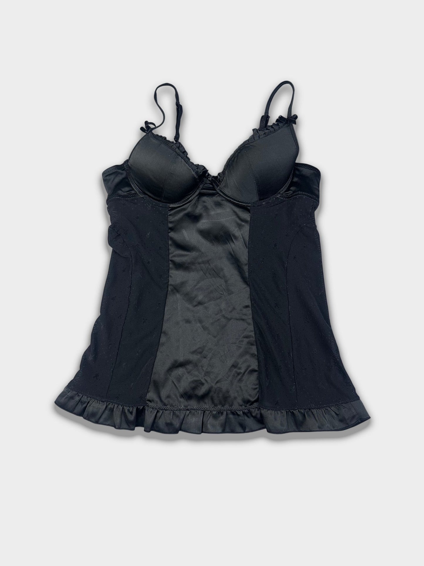 Vintage Black Bustier Slip Dress Satin Panel Ruffle Hem