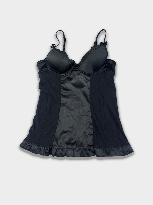 Vintage Black Bustier Slip Dress Satin Panel Ruffle Hem