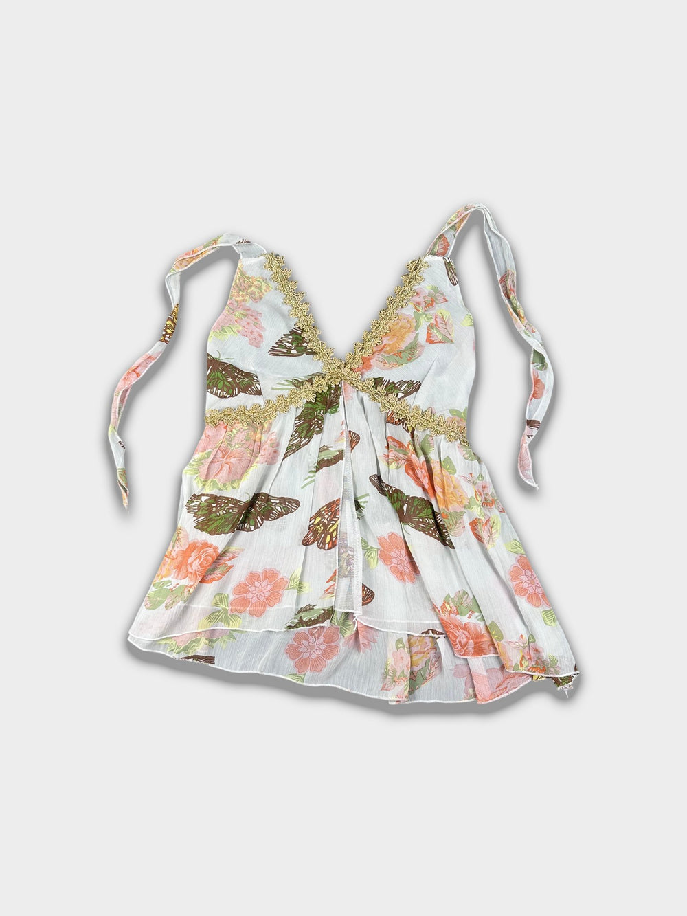 Vintage Floral Butterfly Cami with Gold Glitter Trim — Sheer Boho Tie‑Strap Top
