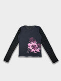 Vintage Black Floral Long Sleeve Top Y2K Graphic Layered Tee