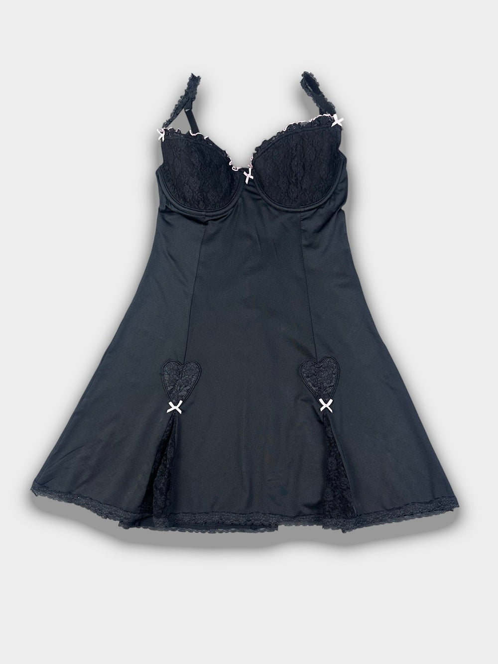 Vintage Y2K Noir Lace Corset Mini Dress — Black Lingerie Slip with Heart Appliqué