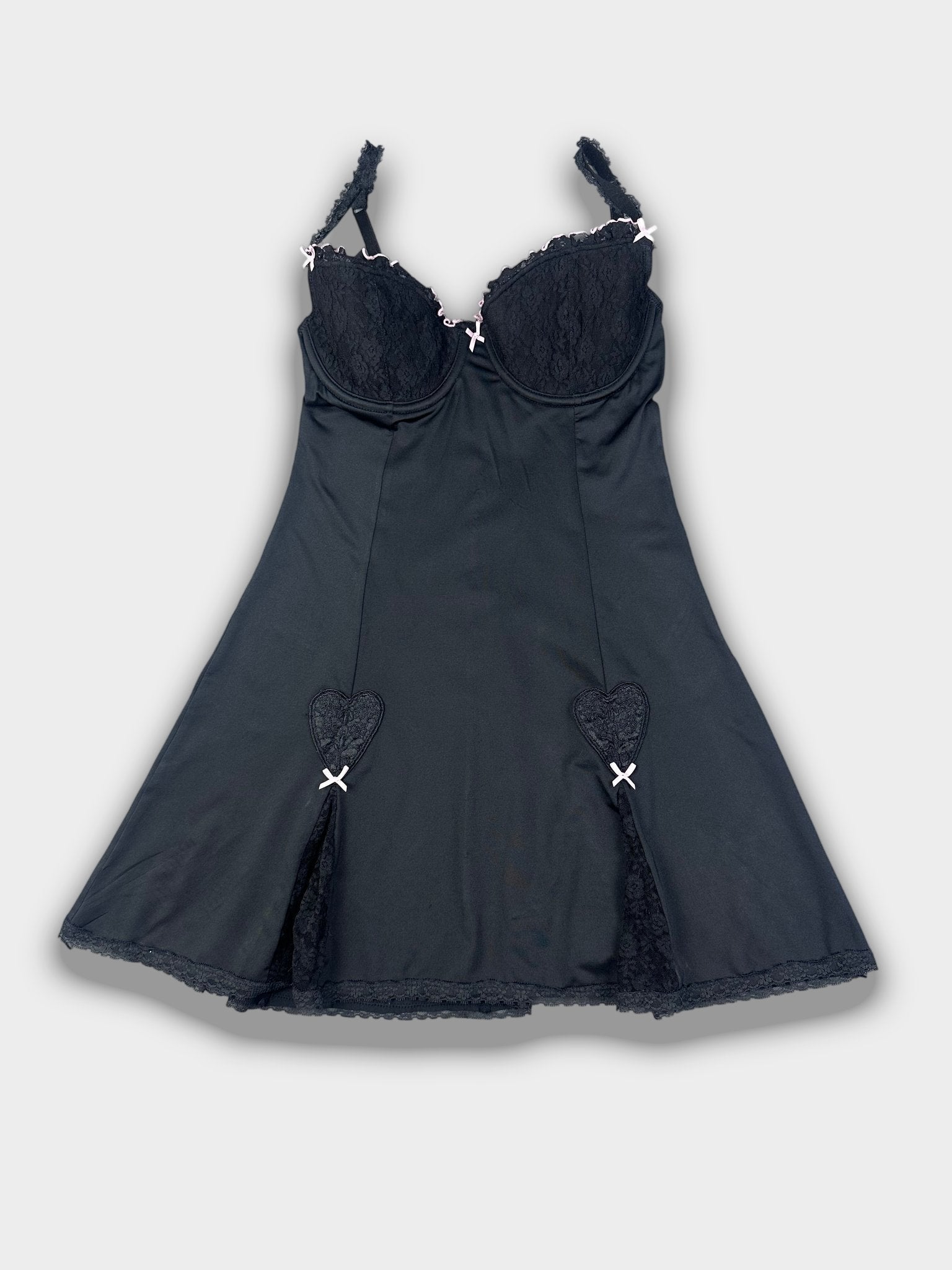 Vintage Y2K Noir Lace Corset Mini Dress — Black Lingerie Slip with Heart Appliqué