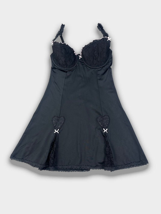 Vintage Y2K Noir Lace Corset Mini Dress — Black Lingerie Slip with Heart Appliqué