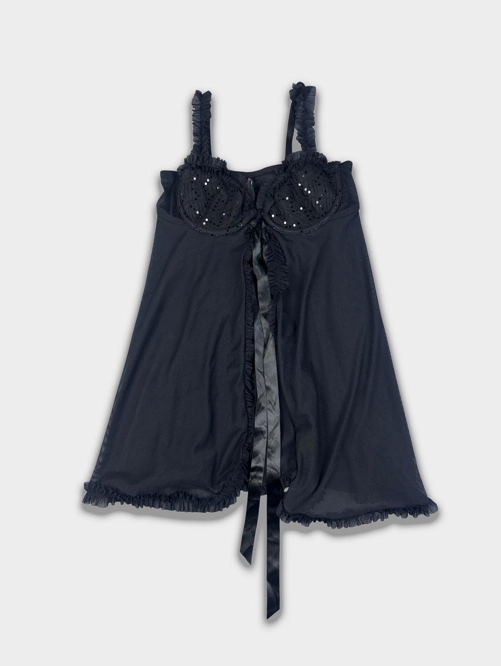 Vintage Black Lace Bustier Camisole Ribbon Sequin Lingerie