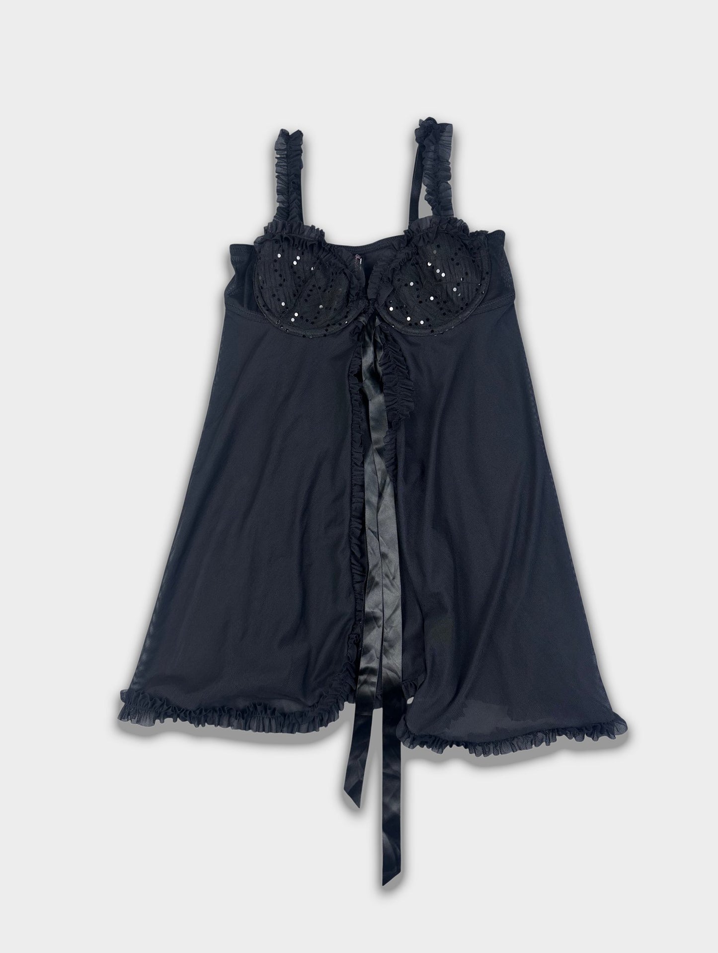 Vintage Black Lace Bustier Camisole Ribbon Sequin Lingerie