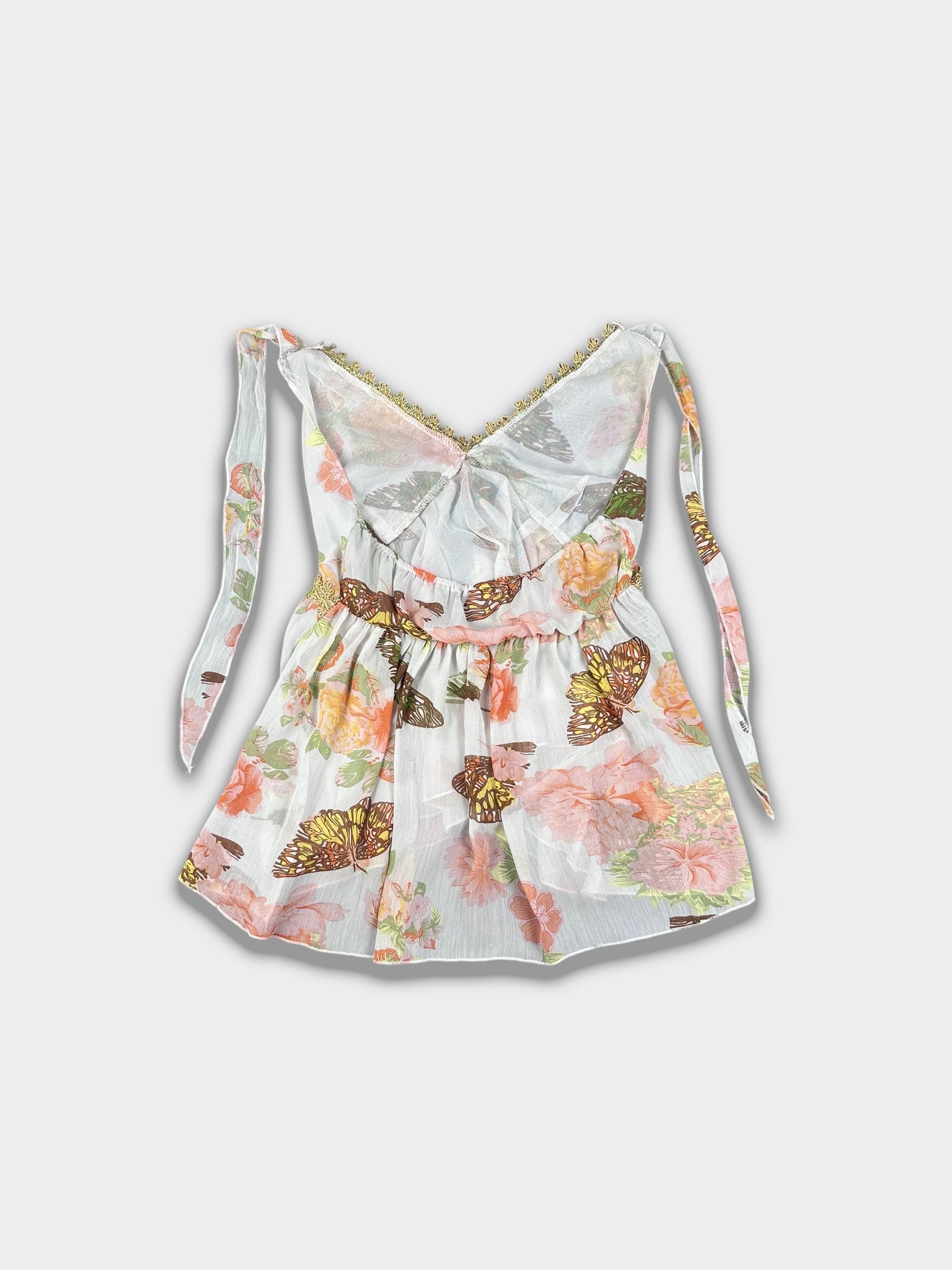 Vintage Floral Butterfly Cami with Gold Glitter Trim — Sheer Boho Tie‑Strap Top