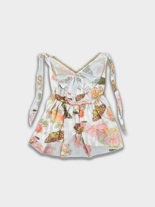 Vintage Floral Butterfly Cami with Gold Glitter Trim — Sheer Boho Tie‑Strap Top
