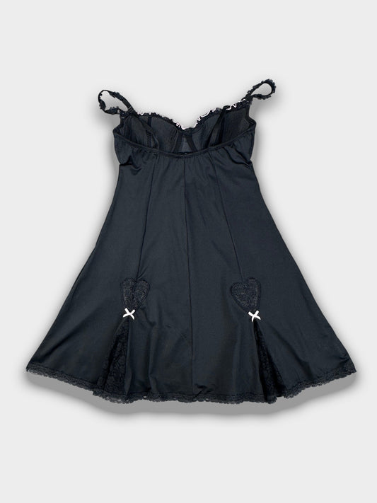 Vintage Y2K Noir Lace Corset Mini Dress — Black Lingerie Slip with Heart Appliqué