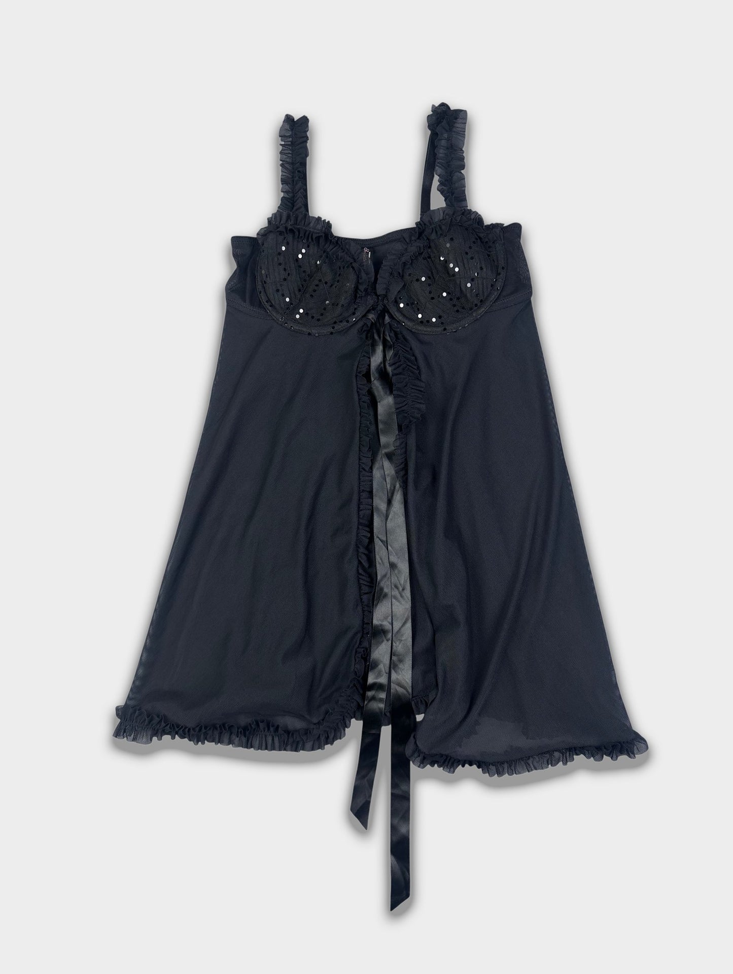 Vintage Black Lace Bustier Camisole Ribbon Sequin Lingerie